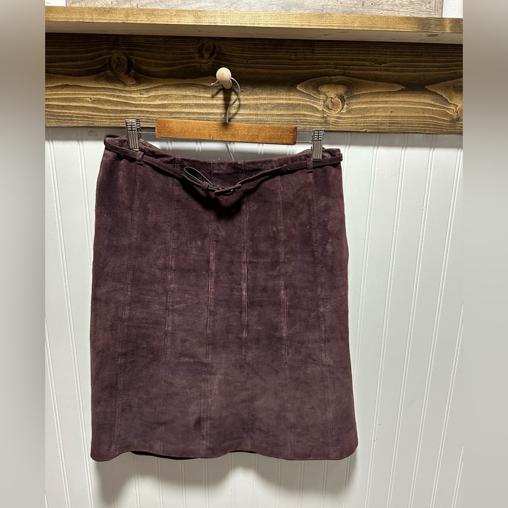 LOFT purple plum suede leather belted midi Skirt Sz 10 GUC side zip jewel tone